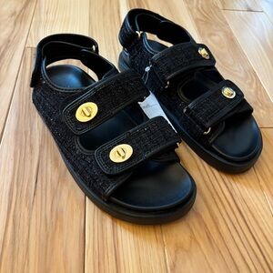 NEW H&M Black Tweed Gold Accent Sandals